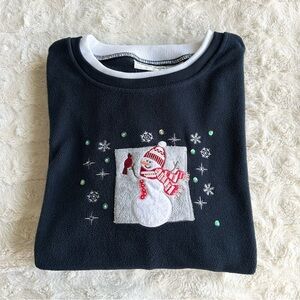 Vintage Snowman Sweatshirt Womens XL Navy Fleece Snowflake Cardinal Bird Winter